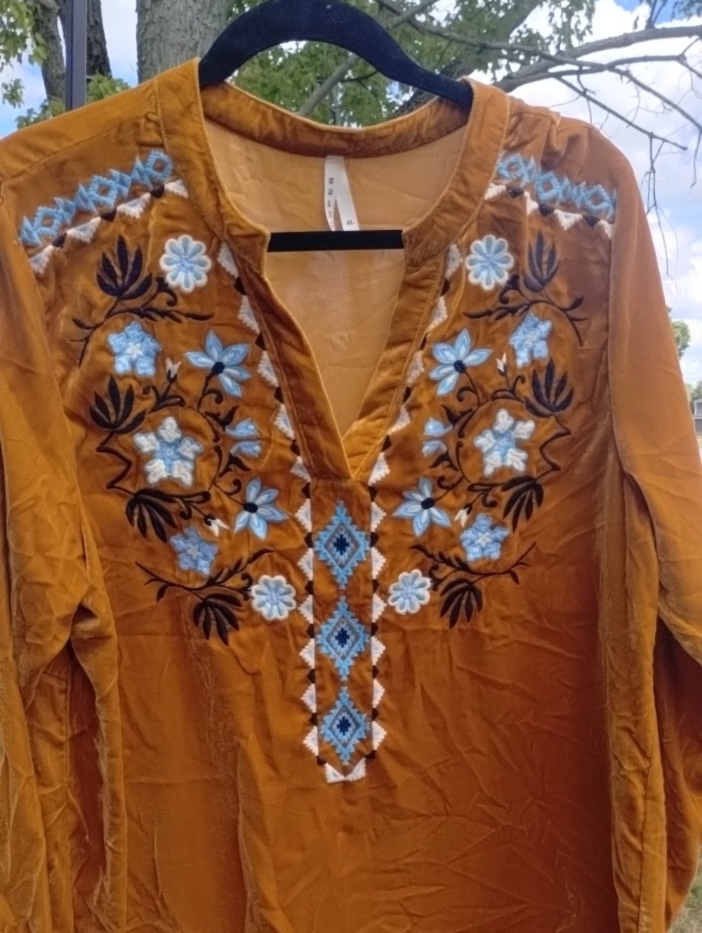 Roper Mustard Tunic with Blue Floral Embroidery
